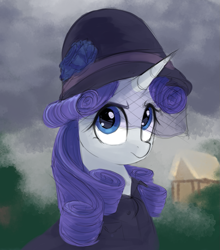 Size: 939x1068 | Tagged: safe, artist:some_ponu, rarity, pony, unicorn, g4, bust, clothes, coat, female, hat, house, mare, solo, veil