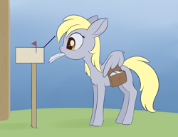 Size: 1764x1352 | Tagged: safe, artist:dusthiel, derpy hooves, pegasus, pony, g4, atg 2020, female, letter, mail, mailbag, mailbox, mare, mouth hold, newbie artist training grounds, solo, wing hands, wings