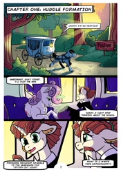 Size: 1024x1463 | Tagged: safe, artist:loryska, sweetie belle, oc, oc:clarabelle, hybrid, pony, unicorn, zony, comic:friendship grows, g4, adopted offspring, carriage, magic, older, parent:sweetie belle, sign, wagon, written equestrian