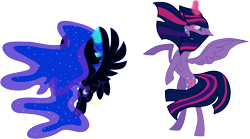 Size: 1919x1067 | Tagged: safe, artist:lunashachannel, artist:queenzodiac, nightmare moon, twilight sparkle, alicorn, pony, g4, the cutie re-mark, alternate timeline, base artist:lunashachannel, base used, duo, duo female, ethereal mane, female, glowing eyes, glowing horn, horn, mare, nightmare takeover timeline, nightmare twilight, nightmarified, role reversal, simple background, starry mane, starry tail, transparent background, twilight sparkle (alicorn), wavy hair, wavy mane, wavy tail