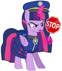 Size: 845x967 | Tagged: safe, artist:徐詩珮, twilight sparkle, alicorn, pony, series:sprglitemplight diary, series:sprglitemplight life jacket days, series:springshadowdrops diary, series:springshadowdrops life jacket days, g4, alternate universe, backpack, chase (paw patrol), clothes, dress, female, frown, glowing horn, hat, horn, magic, mare, paw patrol, paw prints, simple background, solo, stop, stop sign, telekinesis, transparent background, twilight sparkle (alicorn), twilight sparkle is not amused, unamused