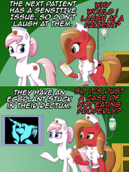 Size: 1200x1602 | Tagged: safe, artist:deusexequus, nurse redheart, oc, oc:pun, earth pony, pony, ask pun, g4, ask, clipboard, clothes, comic, duo, eggplant, female, food, implied insertion, mare, x-ray