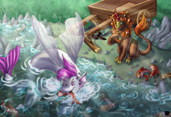 Size: 3475x2380 | Tagged: safe, artist:valyce-negative, oc, oc:nutmeg inferno, oc:reef skimmer, fish, hippogriff, kirin, seapony (g4), fanfic:expedition to cloudbreak islands, fin wings, fish tail, high res, hippogriff oc, kirin oc, lake, mouth hold, scenery, swimming, wings