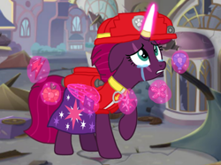 Size: 1453x1080 | Tagged: safe, artist:徐詩珮, fizzlepop berrytwist, tempest shadow, pony, unicorn, series:sprglitemplight diary, series:sprglitemplight life jacket days, series:springshadowdrops diary, series:springshadowdrops life jacket days, g4, alternate universe, artificial wings, augmented, clothes, crying, cute, magic, magic wings, marshall (paw patrol), paw patrol, simple background, transparent background, wings
