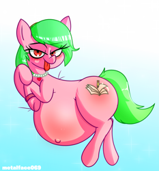Size: 3327x3572 | Tagged: safe, artist:metalface069, oc, oc only, oc:ruby shimmers, earth pony, pony, belly, belly blush, belly button, big belly, commission, commissioner:puffydearlysmith, fat, female, high res, jewelry, lidded eyes, looking at you, mare, necklace, outie belly button, pregnant, tongue out, ych result