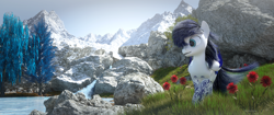 Size: 3440x1440 | Tagged: safe, artist:thelunagames, oc, oc only, oc:crystal moon, crystal pony, pegasus, pony, 3d, cinema4d, flower, mountain, solo