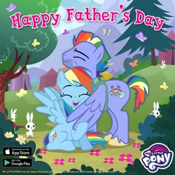 Size: 1080x1080 | Tagged: safe, gameloft, bow hothoof, rainbow dash, butterfly, pegasus, pony, rabbit, g4, official, animal, backwards cutie mark, colored hooves, cute, dashabetes, eyes closed, father and child, father and daughter, father's day, female, happy, hug, male, my little pony logo, stallion, unshorn fetlocks, winghug