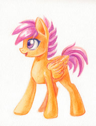 Size: 750x984 | Tagged: safe, artist:maytee, scootaloo, pegasus, pony, g4, colored pencil drawing, cute, cutealoo, female, filly, foal, folded wings, mare, open mouth, smiling, solo, traditional art, wings