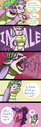Size: 1300x4000 | Tagged: safe, artist:azurllinate, spike, oc, oc:dazzle shield, oc:spiral twinkle, alicorn, dracony, dragon, half-dragon, hybrid, pony, g4, alicorn oc, best dad ever, best friends, bipedal, blue eyes, blushing, comic strip, confident, eyes closed, female, futurehooves, gigachad spike, green eyes, half-unicorn, heart, horn, inhaling, interspecies offspring, intimidating, looking at each other, male, messy mane, multicolored mane, next gen:futurehooves, next generation, oc x oc, offspring, older, older spike, open mouth, parent:flash sentry, parent:rarity, parent:spike, parent:twilight sparkle, parents:flashlight, parents:sparity, puffed chest, purple eyes, roar, sharp teeth, shipping, shocked expression, speech, speech bubble, supportive parent, talking, teeth, text, wings, young