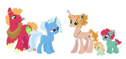 Size: 1280x606 | Tagged: safe, artist:joburii, big macintosh, trixie, oc, oc:autumn crisp, oc:cobbler sparks, oc:skipper pie, earth pony, pony, unicorn, g4, baby, baby pony, base used, colt, ear piercing, earring, family, female, horn, horn ring, jewelry, male, mare, offspring, parent:big macintosh, parent:trixie, parents:trixmac, piercing, shipping, simple background, straight, transparent background, trixmac
