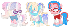 Size: 3200x1289 | Tagged: safe, artist:sugarsong14, oc, oc only, oc:astral mythos, oc:auroral radiance, oc:cosmos solarflare, oc:glistening stars, oc:melody shinerise, breedables, children, female, filly, glasses, offspring, simple background, transparent background