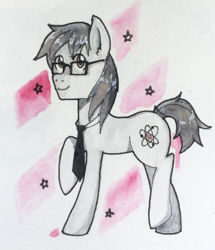 Size: 882x1024 | Tagged: safe, artist:rikani, oc, oc only, oc:silver bristle, earth pony, pony, cutie mark, glasses, looking up, male, necktie, smiling, solo, stallion, traditional art