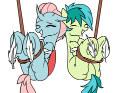 Size: 3000x2249 | Tagged: safe, artist:icicle-niceicle-1517, artist:liaaqila, color edit, edit, ocellus, sandbar, changedling, changeling, earth pony, pony, g4, bondage, butt, colored, eyes closed, feather, female, fetish, grin, high res, hoof fetish, hoof tickling, male, missing cutie mark, plot, rope, rope bondage, simple background, smiling, tickle torture, tickling, transparent background, underhoof