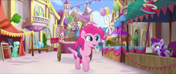 Size: 1920x808 | Tagged: safe, screencap, concord grape, mochaccino, pinkie pie, rare find, sweet strum, earth pony, pony, g4, my little pony: the movie, background pony, balloon, bow, canterlot, canterlot shopkeep, cart, female, friendship festival, hair bow, male, mare, market, potted plant, stallion, we got this together, widescreen