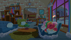 Size: 2880x1620 | Tagged: safe, anonymous artist, big macintosh, fluttershy, earth pony, pegasus, pony, series:fm holidays, g4, blanket, couch, female, hug, lineless, living room, male, mare, night, pillow, ship:fluttermac, shipping, sleeping, sleeping together, stallion, straight