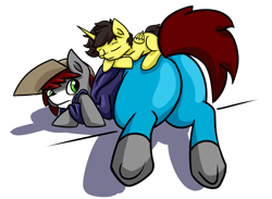 Size: 1920x1409 | Tagged: safe, artist:khaki-cap, oc, oc only, oc:khaki-cap, oc:tommy the human, alicorn, earth pony, pony, alicorn oc, butt, child, clothes, colt, commissioner:bigonionbean, crossed hooves, cute, daaaaaaaaaaaw, earth pony oc, hat, hoodie, hooves, horn, jean thicc, looking back, lying on butt, male, peaceful, plot, presenting, prone, relaxing, resting, shadow, simple background, sleeping, the ass was fat, thick, transparent background, uncle and nephew, wings