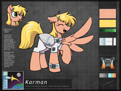 Size: 4000x3000 | Tagged: safe, alternate version, artist:selenophile, oc, oc only, oc:karman, pegasus, pony, :p, aerospike, amputee, artificial wings, augmented, clothes, cute, prosthetic limb, prosthetic wing, prosthetics, reference sheet, space, tongue out, wings