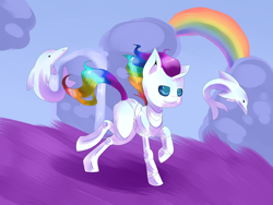 Size: 4000x3000 | Tagged: safe, artist:tomat-in-cup, dolphin, pony, robot, robot pony, unicorn, cloud, multicolored hair, ponified, rainbow, rainbow hair, robot unicorn attack, running