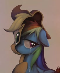 Size: 1024x1249 | Tagged: safe, artist:docwario, applejack, rainbow dash, earth pony, pegasus, pony, g4, tanks for the memories, brown background, crying, female, floppy ears, half, lesbian, modular, ship:appledash, shipping, simple background, surreal