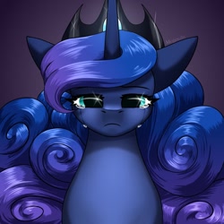Size: 1280x1280 | Tagged: safe, artist:mojjetolii, princess luna, pony, g4, black background, bust, crown, crying, female, jewelry, looking at you, mare, portrait, regalia, sad, simple background, solo