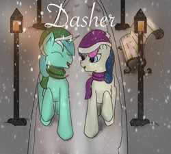 Size: 704x634 | Tagged: safe, artist:snow quill, bon bon, lyra heartstrings, sweetie drops, g4, adorabon, bench, clothes, cover art, cute, eyes closed, hat, laughing, lyrabetes, scarf, snow, snowfall, story in the source, streetlight