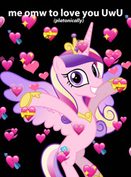 Size: 1024x1381 | Tagged: safe, princess cadance, alicorn, pony, g4, black background, cute, cutedance, flying, heart, jewelry, looking at you, meme, regalia, simple background, smiling, smiling at you, spread wings, wings