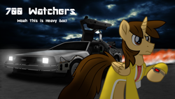 Size: 3800x2160 | Tagged: safe, artist:ejlightning007arts, oc, oc only, oc:ej, alicorn, pony, 700, alicorn oc, back to the future, car, clothes, crossover, delorean, deviantart, fire, high res, horn, necktie, open door, solo, thunderstorm, time machine, trenchcoat, watch, wings