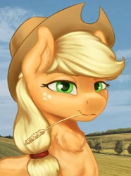 Size: 1024x1379 | Tagged: safe, artist:dukevonkessel, applejack, earth pony, pony, g4, chest fluff, ear fluff, female, looking at you, mare, solo, straw in mouth