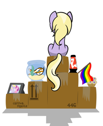 Size: 1881x2319 | Tagged: safe, artist:dinkyuniverse, dinky hooves, lily longsocks, fish, koi, pony, unicorn, g4, boxes, female, filly, fish bowl, flag, foal, lava lamp, lesbian, moving, photo, pride flag, ship:dinkily, shipping, turned away