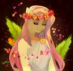 Size: 1280x1247 | Tagged: safe, artist:kalassssssssssssh, fluttershy, butterfly, pegasus, anthro, g4, bust, clothes, cutie mark accessory, eyes closed, female, floral head wreath, flower, greek, greek clothes, mare, peaceful, solo, three quarter view, toga, tunic