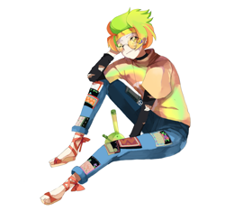 Size: 1395x1303 | Tagged: safe, artist:bad_trip, oc, oc only, oc:marley lennon, human, 2020, bong, clothes, ear piercing, earring, eyebrow piercing, feet, female, glasses, headband, hippie, humanized, humanized oc, jeans, jewelry, mercedes symbol mistaken for peace sign, multicolored hair, necklace, pants, peace symbol, piercing, round glasses, sandals, shirt, simple background, solo, t-shirt, torn clothes, white background
