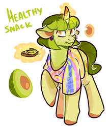 Size: 1201x1392 | Tagged: safe, artist:kaitomy, oc, oc only, oc:healthy snack, pony, unicorn, avocado, bread, ear piercing, earring, eating, female, food, glowing horn, horn, jewelry, levitation, magic, mare, piercing, raised hoof, reference sheet, seed, simple background, solo, telekinesis, toast, white background