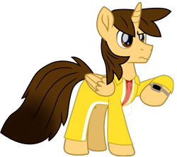 Size: 10322x9142 | Tagged: safe, artist:ejlightning007arts, oc, oc only, oc:ej, alicorn, pony, alicorn oc, back to the future, clothes, cosplay, costume, crossover, doc brown, horn, male, necktie, raised hoof, simple background, solo, stallion, transparent background, trenchcoat, vector, watch, wings