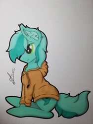 Size: 3456x4608 | Tagged: safe, artist:fluffycakejess, oc, oc only, oc:blue gear, earth pony, pony, clothes, colored, commission, cutie mark, fluffy, full body, hoodie, male, signature, smiling, solo, stallion, traditional art