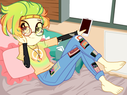 Size: 1180x884 | Tagged: safe, artist:noreentheartist, artist:unichan, oc, oc only, oc:marley lennon, equestria girls, 2020, barefoot, base used, bed, bedroom, blanket, clothes, commission, ear piercing, earring, equestria girls-ified, eyebrow piercing, feet, female, glasses, headband, iphone, jeans, jewelry, mercedes symbol mistaken for peace sign, multicolored hair, necklace, pants, peace symbol, phone, piercing, pillow, round glasses, shirt, show accurate, solo, t-shirt, torn clothes, window, ych result