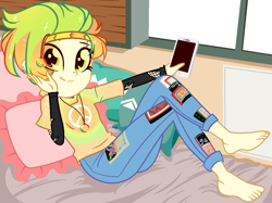 Size: 1180x884 | Tagged: safe, alternate version, artist:noreentheartist, artist:unichan, oc, oc only, oc:marley lennon, equestria girls, 2020, barefoot, base used, bed, bedroom, blanket, clothes, commission, ear piercing, earring, equestria girls-ified, eyebrow piercing, feet, female, headband, iphone, jeans, jewelry, mercedes symbol mistaken for peace sign, multicolored hair, necklace, pants, peace symbol, phone, piercing, pillow, shirt, show accurate, solo, t-shirt, torn clothes, window, ych result