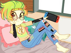 Size: 1182x884 | Tagged: safe, alternate version, artist:noreentheartist, artist:unichan, oc, oc only, oc:marley lennon, equestria girls, 2020, barefoot, base used, bed, bedroom, blanket, clothes, commission, controller, ear piercing, earring, equestria girls-ified, eyebrow piercing, feet, female, glasses, headband, jeans, jewelry, joycon, mercedes symbol mistaken for peace sign, multicolored hair, necklace, nintendo, nintendo switch, pants, peace symbol, piercing, pillow, round glasses, shirt, show accurate, solo, t-shirt, torn clothes, window, ych result