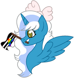Size: 734x770 | Tagged: safe, artist:spidermanfan16, oc, oc:fleurbelle, alicorn, pony, alicorn oc, bow, female, flag, hair bow, holding, horn, mare, pride, pride flag, simple background, straight ally flag, transparent background, wings, yellow background