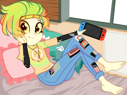 Size: 1182x884 | Tagged: safe, alternate version, artist:charliexe, artist:noreentheartist, artist:unichan, oc, oc only, oc:marley lennon, equestria girls, 2020, barefoot, base used, bed, bedroom, blanket, clothes, commission, controller, ear piercing, earring, equestria girls-ified, eyebrow piercing, feet, female, headband, jeans, jewelry, joycon, mercedes symbol mistaken for peace sign, multicolored hair, necklace, nintendo, nintendo switch, pants, peace symbol, piercing, pillow, shirt, show accurate, solo, t-shirt, torn clothes, window, ych result