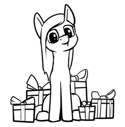 Size: 576x583 | Tagged: safe, artist:dacaoo, oc, oc only, oc:boo, earth pony, pony, fallout equestria, fallout equestria: project horizons, black and white, ears up, fanfic art, grayscale, happy new year, holiday, looking at you, monochrome, present, simple background, smiling at you, solo, white mane