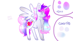 Size: 2560x1440 | Tagged: safe, artist:shinningblossom12, oc, oc only, oc:anasflow maggy, oc:shinning blossom, alicorn, pony, alicorn oc, chest fluff, colored hooves, female, fusion, grin, horn, mare, multicolored hair, rainbow hair, reference sheet, simple background, smiling, spanish, white background, wings