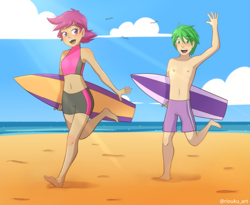 Size: 3056x2500 | Tagged: safe, alternate version, artist:riouku, scootaloo, spike, human, g4, beach, belly button, bikini, bikini shorts, clothes, commission, delicious flat chest, female, high res, humanized, male, midriff, scootaflat, ship:scootaspike, shipping, shorts, sports shorts, sports swimsuit, straight, summer, surfing, swimsuit, tankini