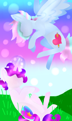 Size: 1260x2133 | Tagged: safe, artist:shinningblossom12, oc, oc only, oc:anasflow maggy, oc:shinning blossom, pegasus, pony, unicorn, duo, flying, glowing horn, grass, horn, multicolored hair, outdoors, pegasus oc, rainbow hair, sitting, unicorn oc, wings