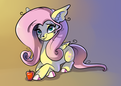 Size: 1451x1030 | Tagged: safe, artist:easthoku, fluttershy, pegasus, pony, g4, apple, big ears, colored hooves, cute, female, food, looking at you, lying, simple background, smiling, smiling at you, solo