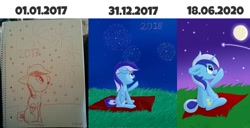 Size: 1374x702 | Tagged: safe, artist:exobass, minuette, pony, unicorn, g4, art progress, comparison, draw this again, female, fireworks, floppy ears, graph paper, improvement, moon, night, redraw, sky, solo, stars, traditional art