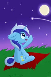 Size: 1181x1771 | Tagged: safe, artist:exobass, minuette, pony, unicorn, g4, female, moon, night, pointing, shooting star, sky, solo