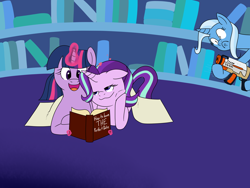 Size: 4896x3672 | Tagged: safe, artist:aaron amethyst, starlight glimmer, trixie, twilight sparkle, alicorn, pony, unicorn, g4, blanket, book, female, heart, jealous, lesbian, library, love triangle, mare, reading, ship:twistarlight, shipping, this will not end well, trixie is not amused, twilight sparkle (alicorn), twilight's castle, twilight's castle library, unamused, watergun