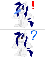 Size: 6000x8000 | Tagged: safe, artist:skylarpalette, oc, oc only, oc:swift, pegasus, pony, 2 panel comic, boop, chest fluff, comic, crying, disembodied hoof, ear fluff, exclamation point, fluffy, fluffy mane, male, pegasus oc, pegasus wings, question mark, sad, scrunchy face, shocked, simple background, simple shading, sitting, solo focus, spread wings, stallion, white background, wings