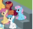 Size: 107x96 | Tagged: safe, screencap, dizzy twister, lightning bolt, orange swirl, sugar flower, tabasco pepper, white lightning, pegasus, pony, unicorn, g4, the washouts (episode), background pony, cropped, happy, op i can't see shit, picture for breezies, sitting