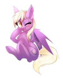 Size: 832x1024 | Tagged: safe, artist:confetticakez, oc, oc only, oc:pinkfull night, bat pony, pony, bat pony oc, bat wings, blushing, cute, fangs, female, filly, giggling, glasses, looking at you, ocbetes, one eye closed, simple background, sitting, solo, teenager, white background, wings